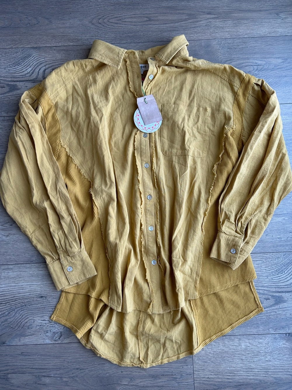 Um gee Mustard Button-Up Mixed Texture Shirt - NWT